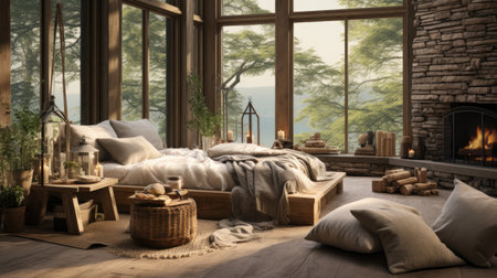 a cozy bedroom interior with a beautiful view.の素材