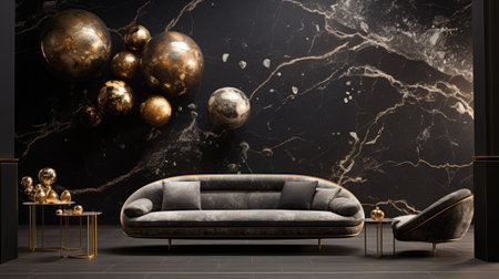 Modern black marble luxury interior with sofa, golden armchair, coffee table and gold wall.の素材
