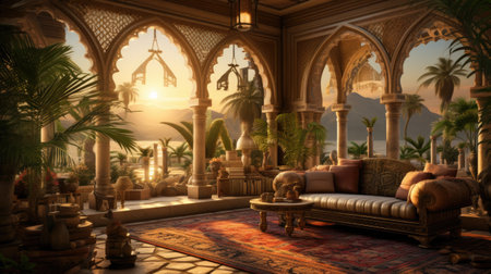 a beautiful arabic living room at sunsetの素材