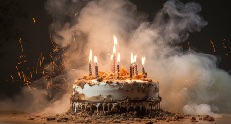 Birthday cake with burning candles on a dark background. Selective focus.の素材
