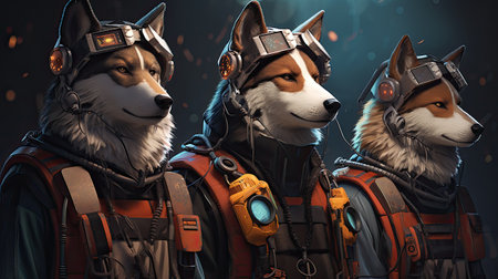 Three dogs in aviator suit with helmet and goggles.の素材