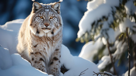 Bobcat in the winter forest. Wildlife scene from nature. Lynx in winter forestの素材