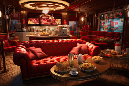 Restaurant interior with red sofa and popcorn.の素材