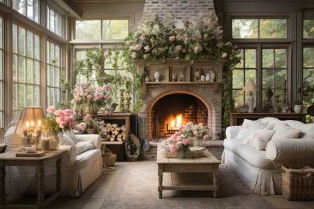 Interior of cozy living room with fireplace, sofa and armchairの素材
