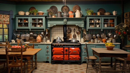 Interior of a rustic kitchen with old stove and potteryの素材