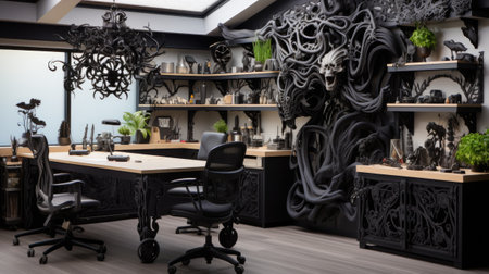 Interior of a modern office with black furniture.の素材