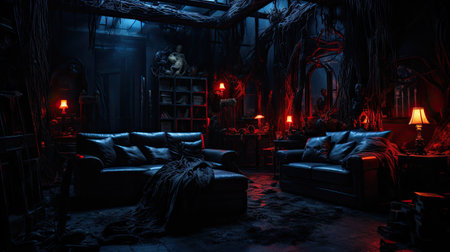 Fantasy dark room with leather sofa, lamp and decorations.の素材