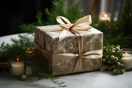 Christmas decoration with gift box, candles and fir branches on white marble tableの素材