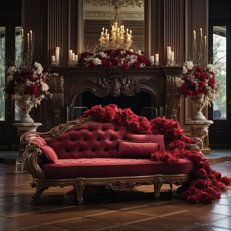 Luxury red sofa in classic interior with fireplace and flowers.の素材