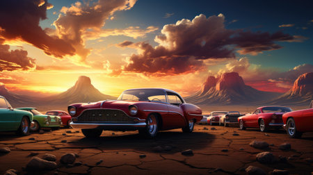 Vintage cars in desert at sunset.の素材