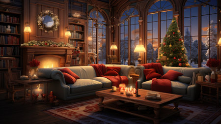 Christmas interior with fireplace, sofa, Christmas tree and decorations.の素材