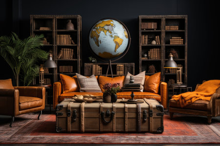 Interior of a living room with brown leather sofa, bookshelf, coffee table and globeの素材