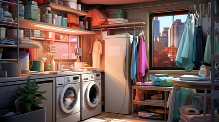 Laundry room interior with washing machine and clothes.の素材