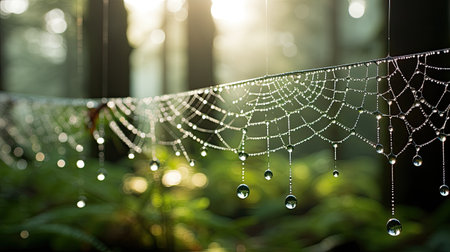 Cobweb with dew drops in the morning light. Natural backgroundの素材