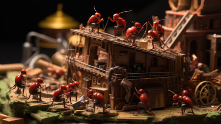 Ants and a model of a wooden house. Toy construction.の素材