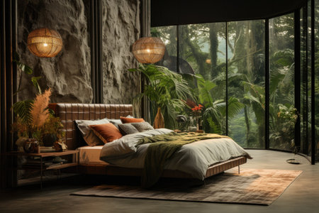 modern bedroom interior design with tropical plants and furnitureの素材