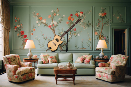 Luxury classic interior of living room with green walls, classic sofa, coffee table and guitar on it. Vintage style.の素材