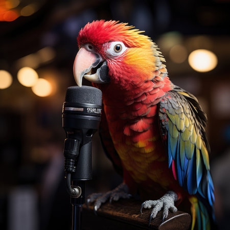 Portrait of a colorful parrot with a microphone on a blurred backgroundの素材