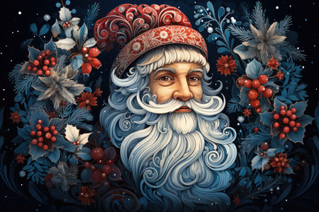 Santa Claus with snowflakes and berries on dark blue background.の素材