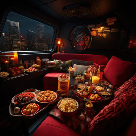 Dinner in the cabin of a passenger plane.の素材