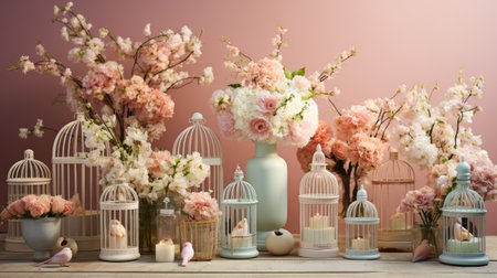 Bouquet of beautiful flowers in birdcages on wooden tableの素材