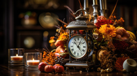 Still life with a clock, candles and autumn bouquet of flowersの素材