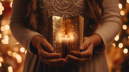 Little girl with book and burning candle in room decorated for Christmas, closeupの素材