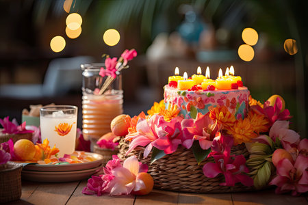 Easter cake with candles, flowers and eggs on the wooden tableの素材