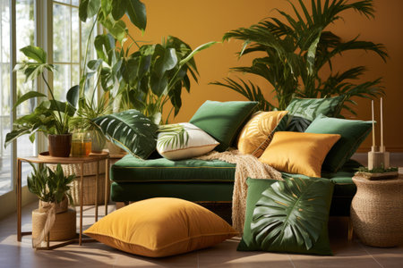 Modern living room interior with green sofa and tropical plantsの素材