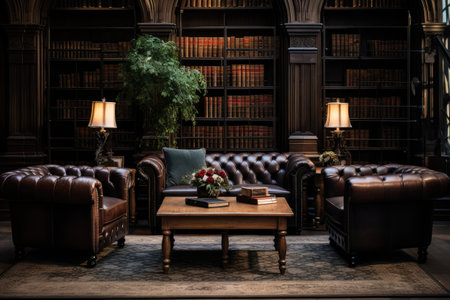 Luxury leather armchairs and bookshelf in a libraryの素材