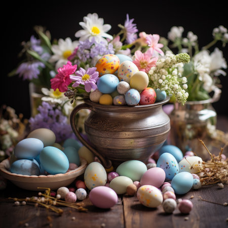 Easter eggs and spring flowers on rustic wooden backgroundの素材