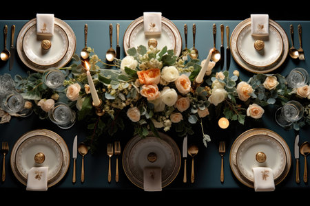 Elegant table setting with gold cutlery and floral decorの素材