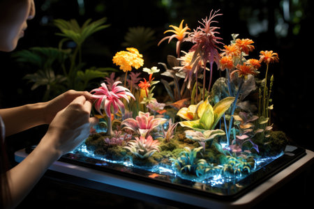 Close-up of a female florist working in a flower shopの素材