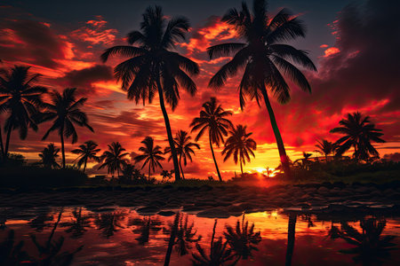 Tropical sunset with palm trees and reflection in the water.の素材