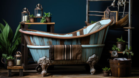 Vintage wooden bathtub in the interior.の素材