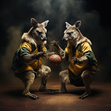 Kangaroos playing basketball with a ball.の素材