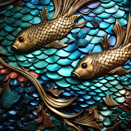 Colorful decorative fish pattern on the wallの素材