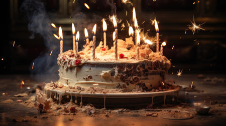 Birthday cake with burning candles on dark background. Selective focusの素材
