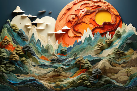 Abstract fantasy landscape with mountains, trees and moon.の素材