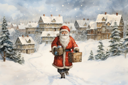 Santa Claus with a bag of gifts in the village. Christmas illustration.の素材
