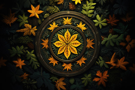 Beautiful floral pattern with leaves on dark background. Top view.の素材