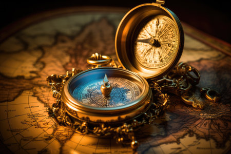 Compass and old map. Vintage style. Selective focus.の素材