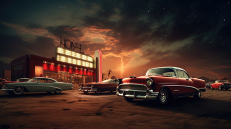 Vintage cars in the parking lot against the night skyの素材