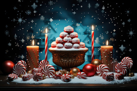 Christmas cake with candles, candies and snowflakes on wooden tableの素材
