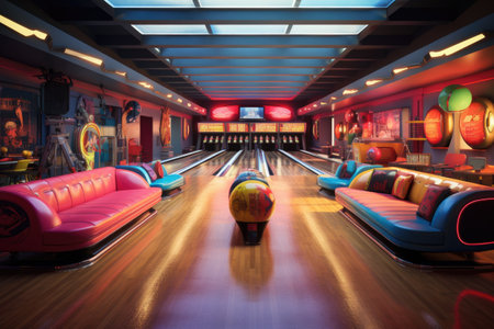 Bowling club interior with bowling ball and skittlesの素材