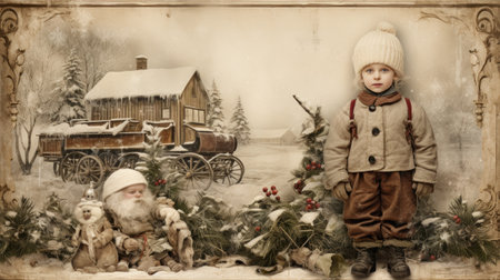 Vintage Christmas postcard with Santa Claus and little boy in winter clothesの素材