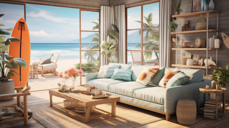 Modern living room interior with sea view.の素材