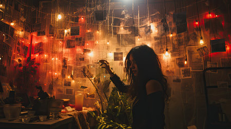 Portrait of a beautiful young woman in a dark room with garlandsの素材