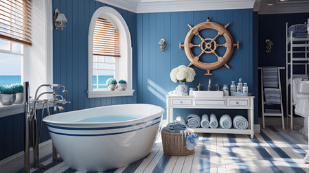 Bathroom with blue walls, white bathtub and wooden steering wheel.の素材