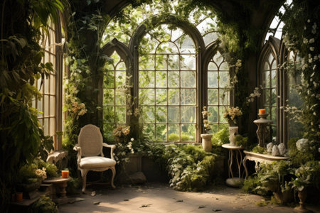 Interior of a beautiful garden with old chairs, flowers and plantsの素材